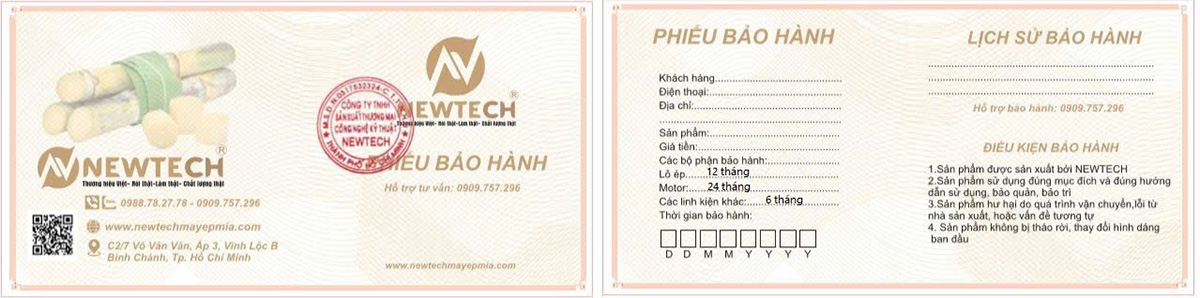 Phiếu bảo hành của NEWTECH